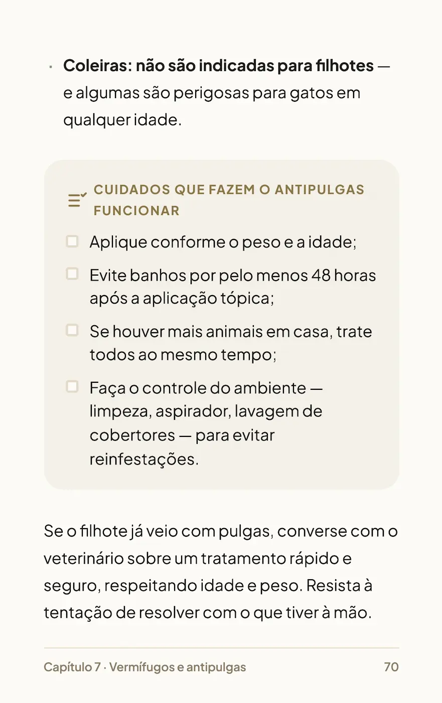 Página 70: cuidados que fazem o antipulgas funcionar